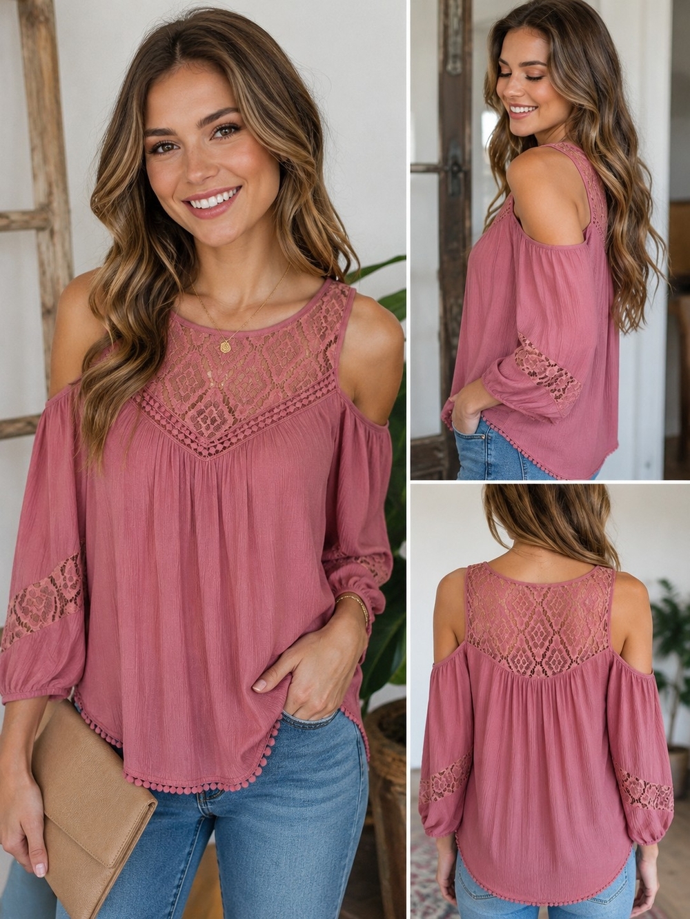 Rewind Rose Cold-Shoulder Lace Yoke Blouse